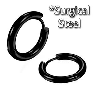 BLACK HUGGIE HOOP EARRINGS *SURGICAL STEEL *NEW *10mm